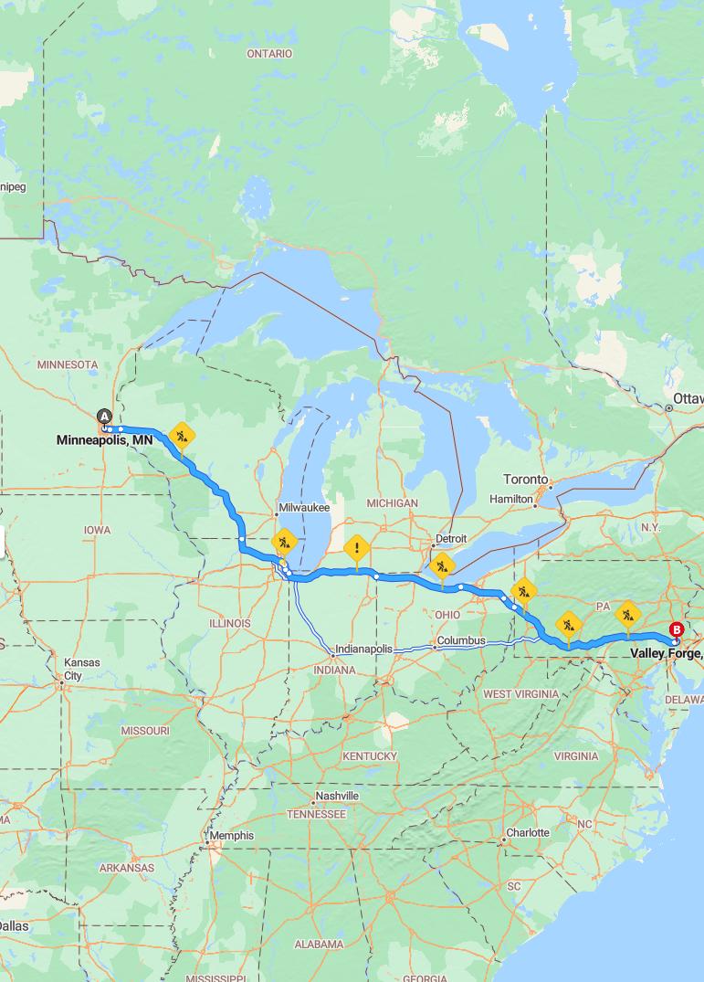 driving from Minneapolis, Minnesota to Valley ForgePennsylvania - map and route