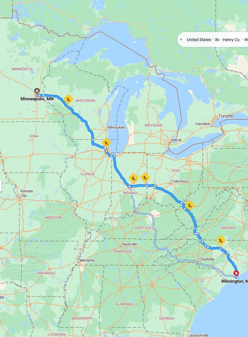 driving from Minneapolis, Minnesota to WilmingtonNorth Carolina - map and route