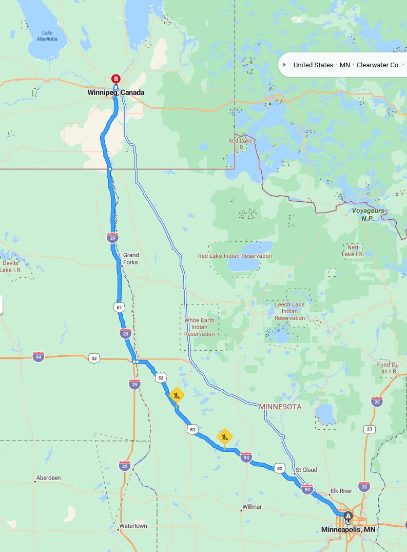 driving from Minneapolis, Minnesota to WinnipegManitoba - map and route