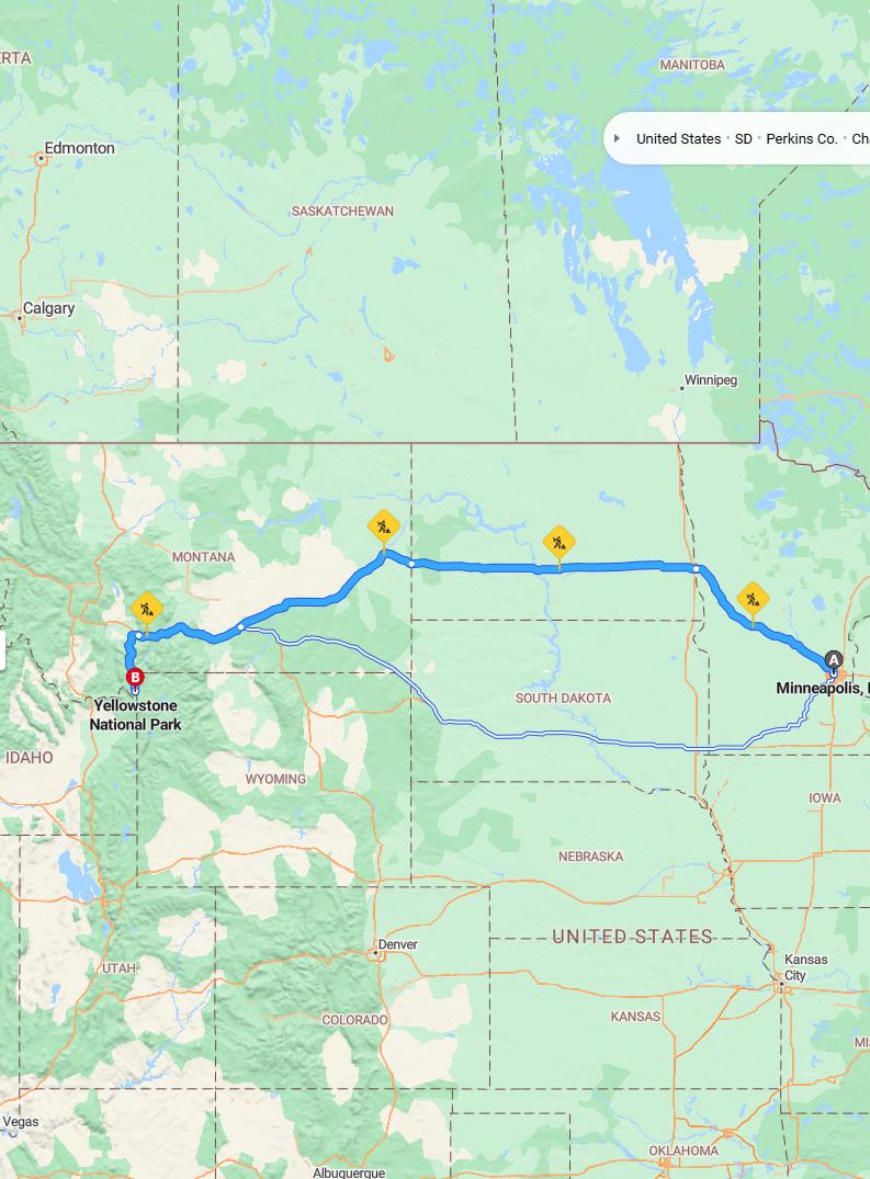 driving from Minneapolis, Minnesota to Yellowstone National ParkWyoming - map and route