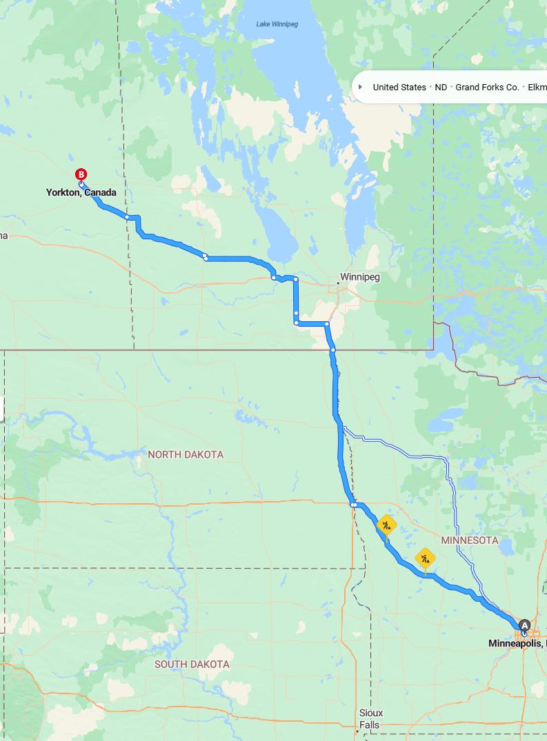 driving from Minneapolis, Minnesota to YorktonSaskatchewan - map and route