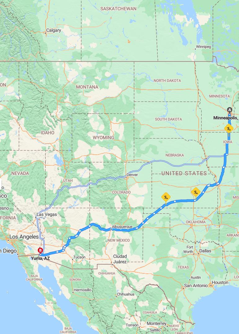 driving from Minneapolis, Minnesota to YumaArizona - map and route