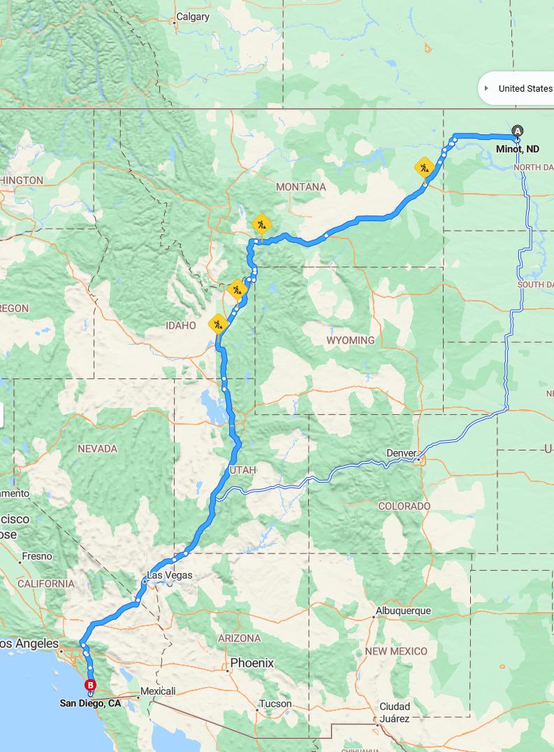 driving from Minot, North Dakota to San DiegoCalifornia - map and route