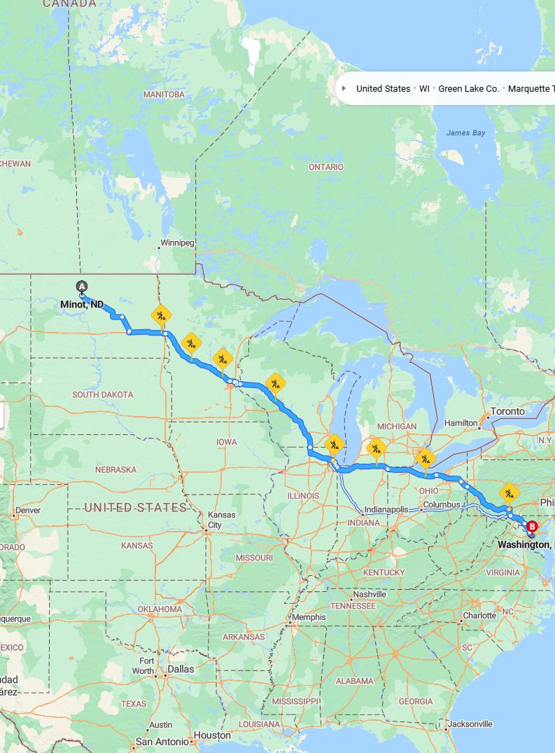 driving from Minot, North Dakota to WashingtonDistrict of Columbia - map and route