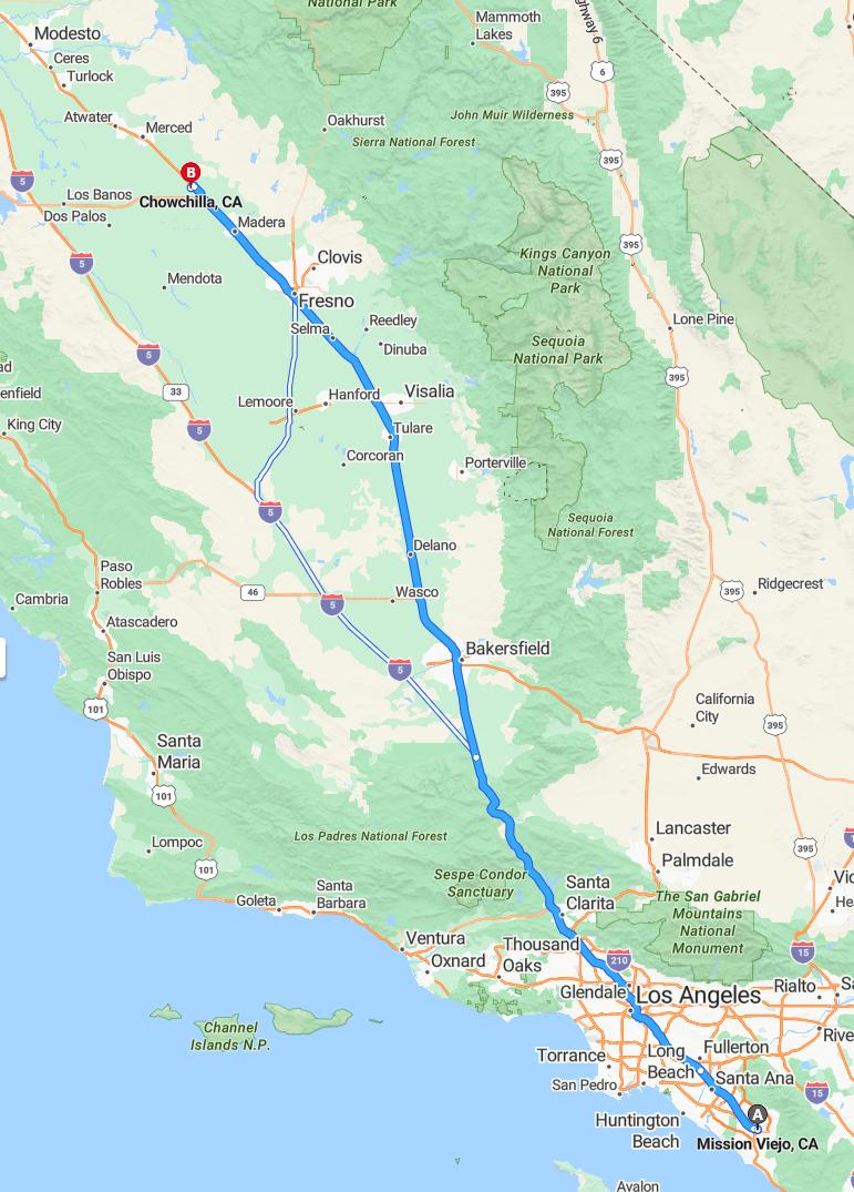 driving from Mission Viejo, California to ChowchillaCalifornia - map and route