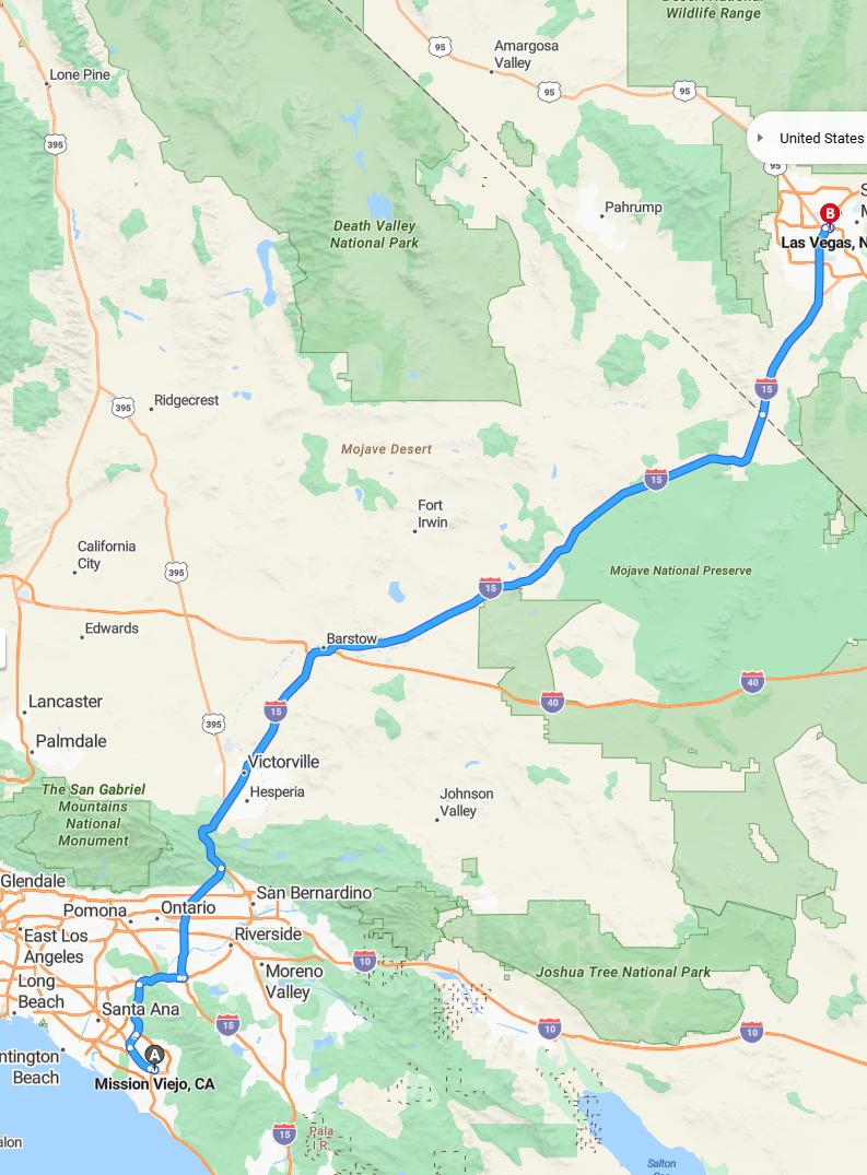 driving from Mission Viejo, California to Las VegasNevada - map and route
