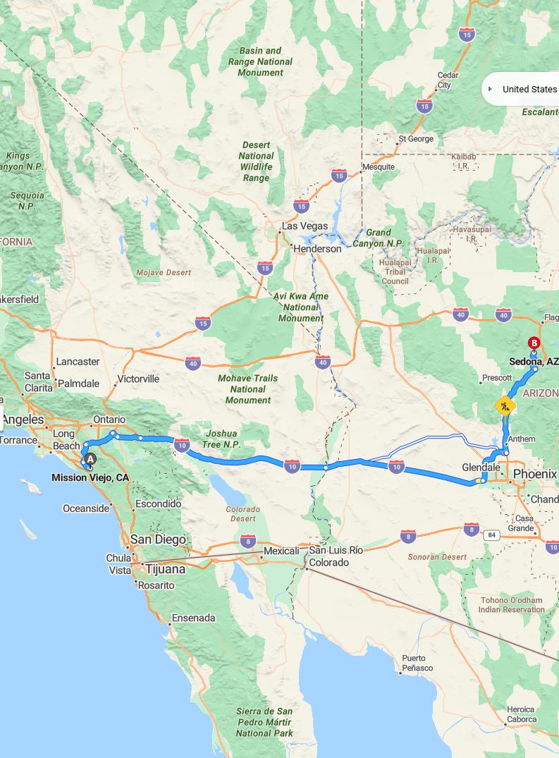 driving from Mission Viejo, California to SedonaArizona - map and route