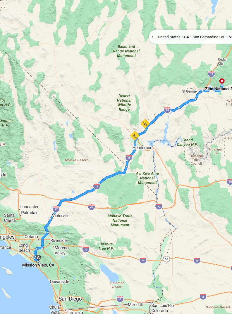 driving from Mission Viejo, California to Zion National ParkUtah - map and route