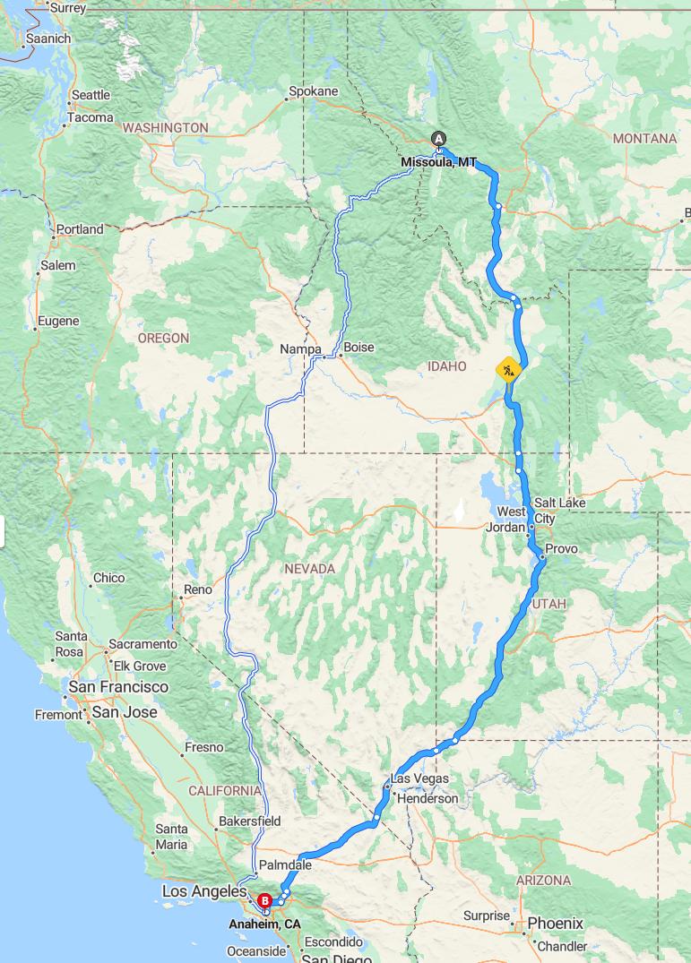 driving from Missoula, Montana to AnaheimCalifornia - map and route