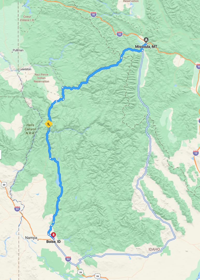 driving from Missoula, Montana to BoiseIdaho - map and route