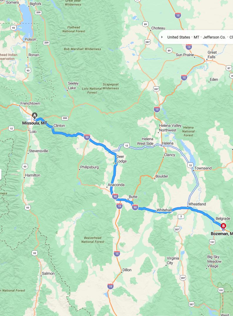 driving from Missoula, Montana to BozemanMontana - map and route