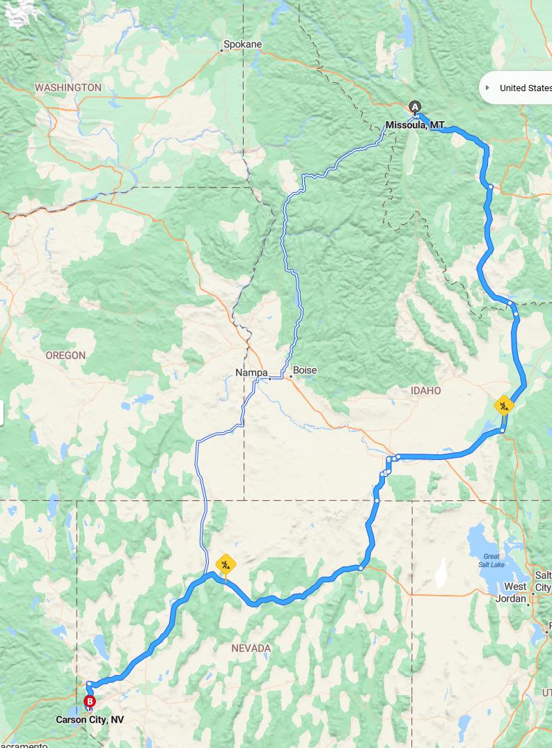 driving from Missoula, Montana to Carson CityNevada - map and route