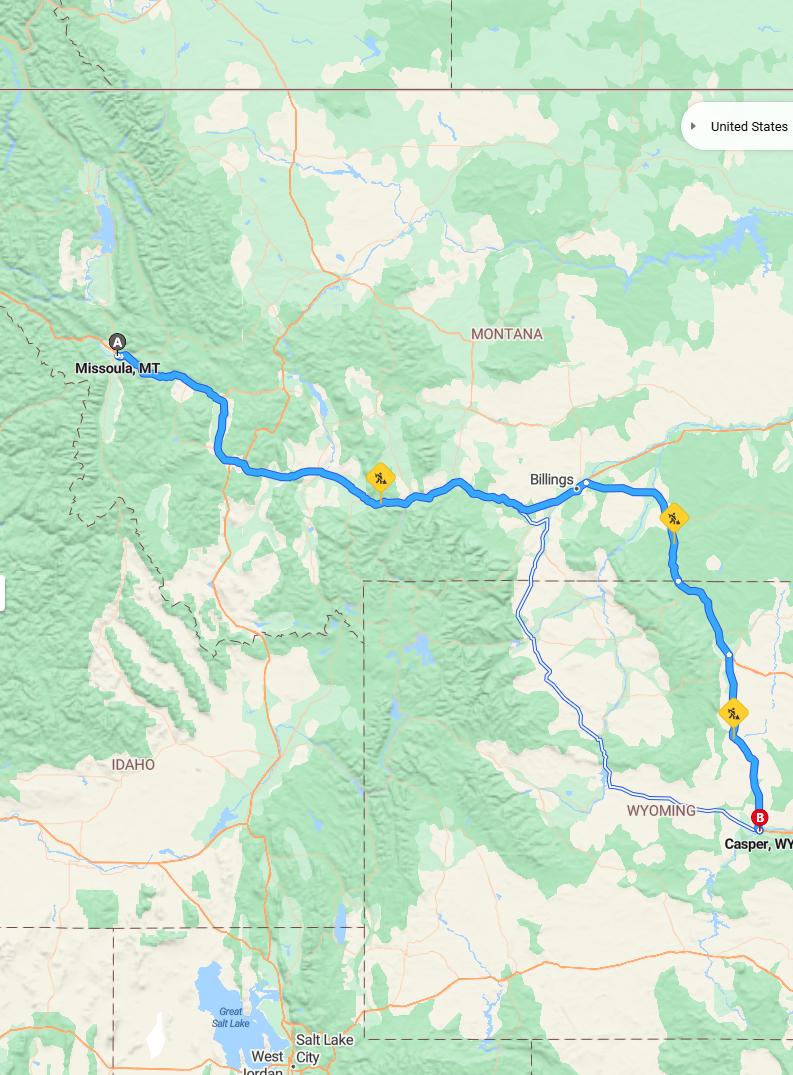 driving from Missoula, Montana to CasperWyoming - map and route