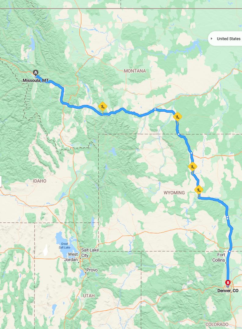 driving from Missoula, Montana to DenverColorado - map and route
