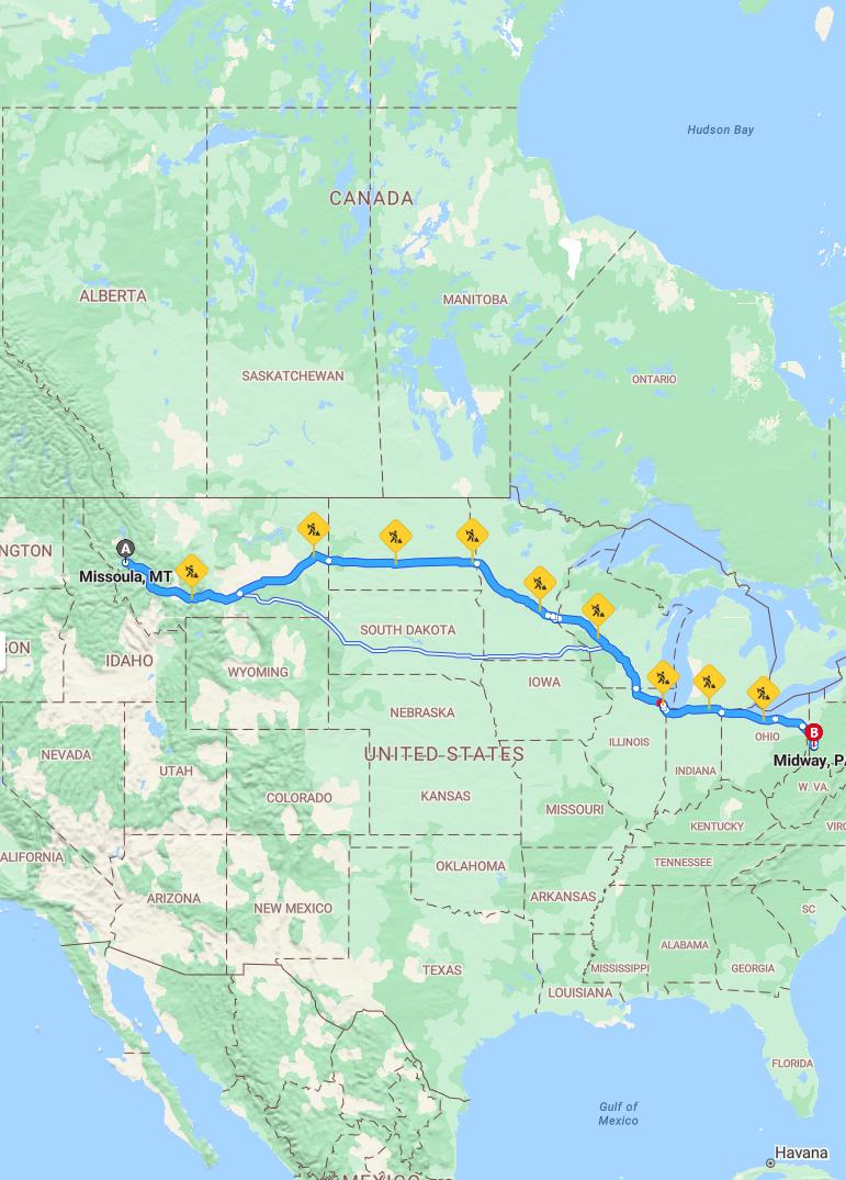 driving from Missoula, Montana to MidwayPennsylvania - map and route