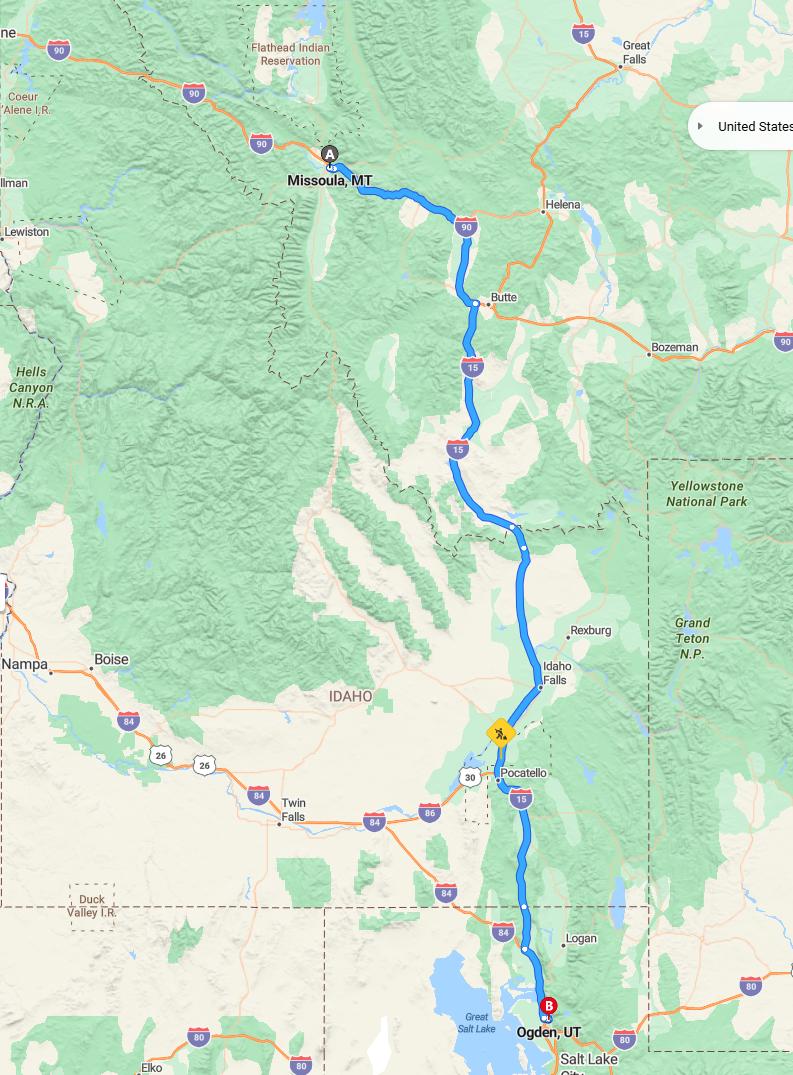 driving from Missoula, Montana to OgdenUtah - map and route