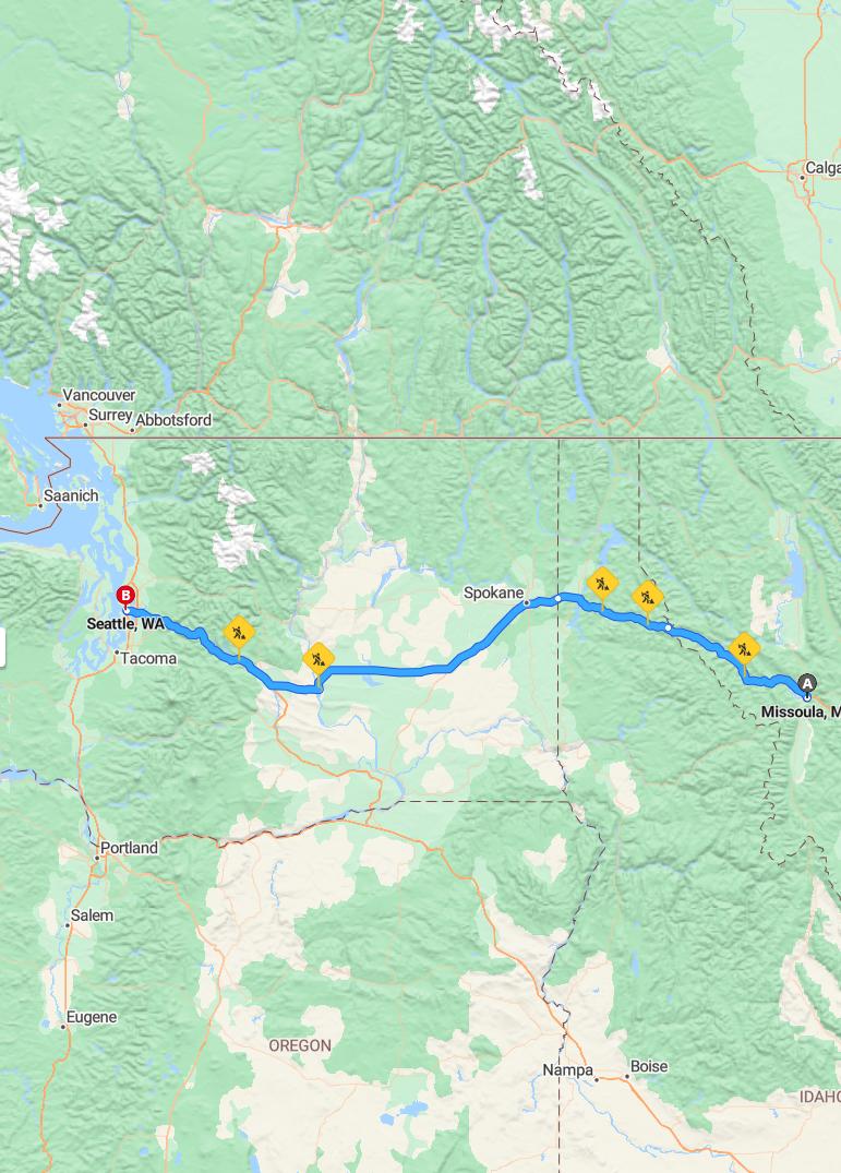 driving from Missoula, Montana to SeattleWashington - map and route