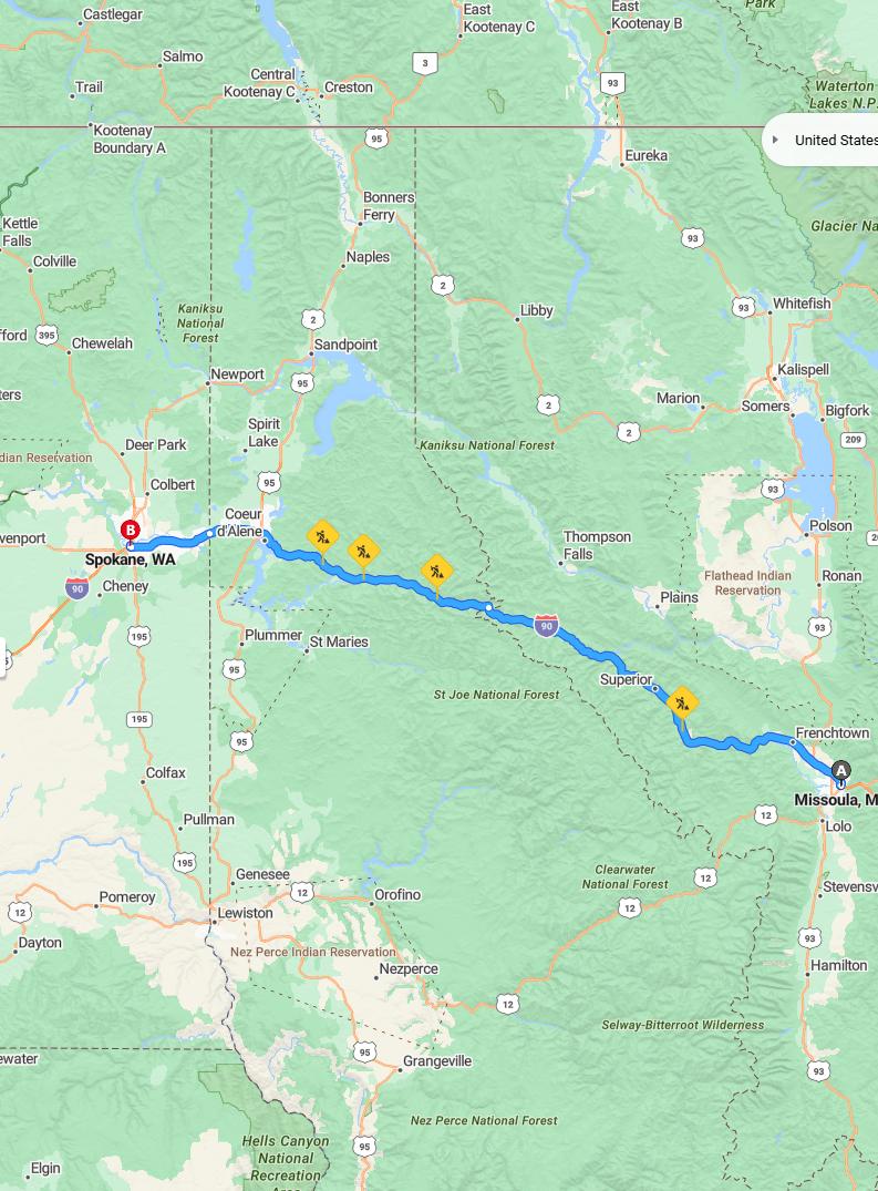 driving from Missoula, Montana to SpokaneWashington - map and route
