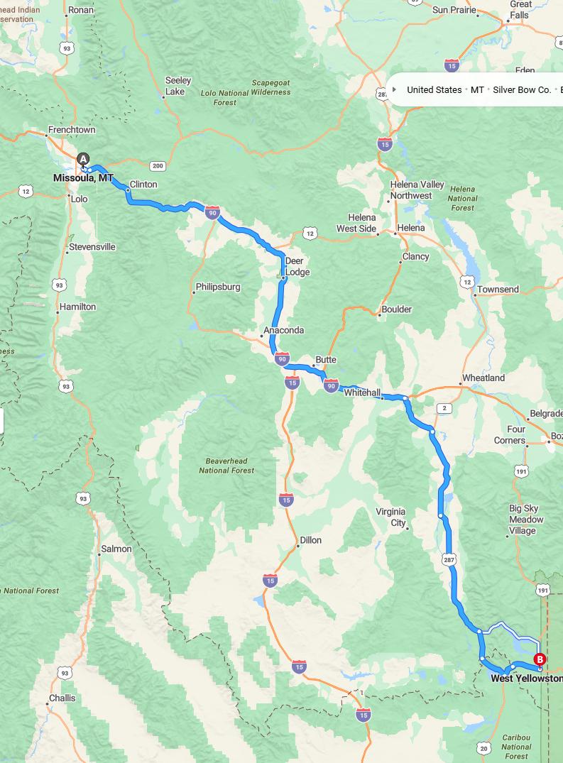 driving from Missoula, Montana to West YellowstoneMontana - map and route