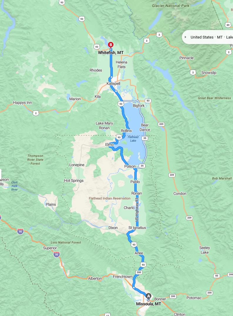 driving from Missoula, Montana to WhitefishMontana - map and route