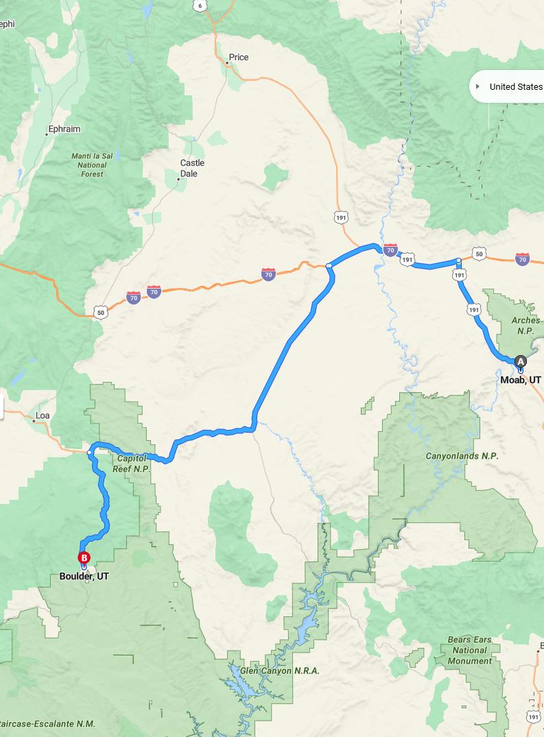 driving from Moab, Utah to BoulderUtah - map and route