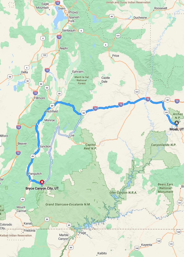 driving from Moab, Utah to Bryce Canyon CityUtah - map and route