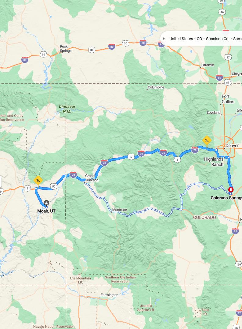driving from Moab, Utah to Colorado SpringsColorado - map and route