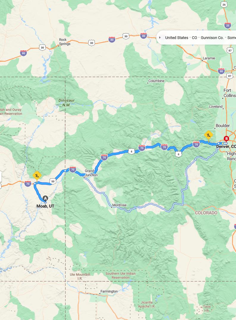 driving from Moab, Utah to DenverColorado - map and route