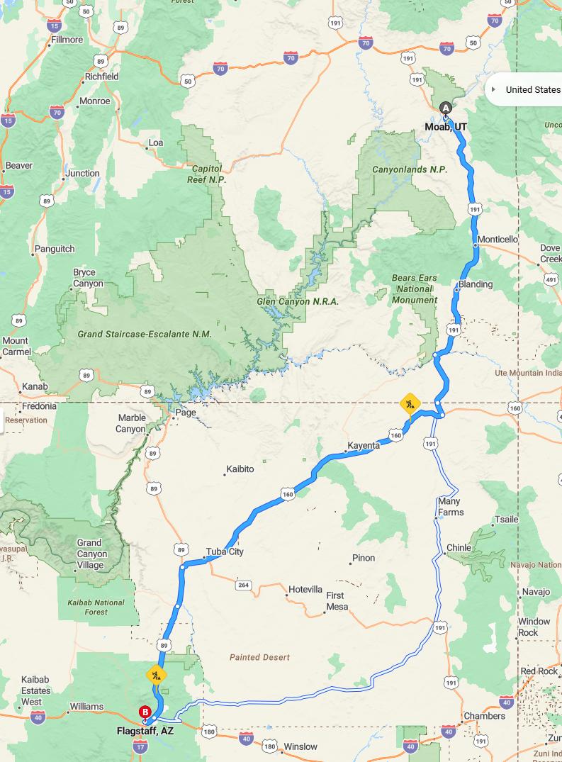 driving from Moab, Utah to FlagstaffArizona - map and route