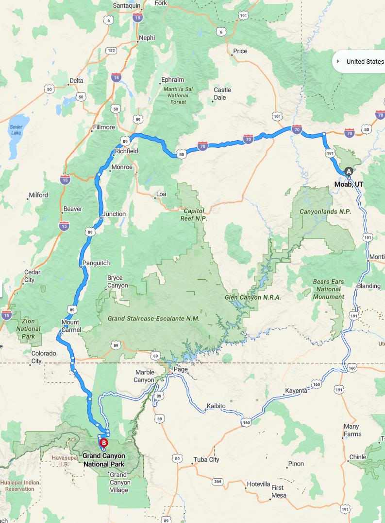driving from Moab, Utah to Grand CanyonArizona - map and route