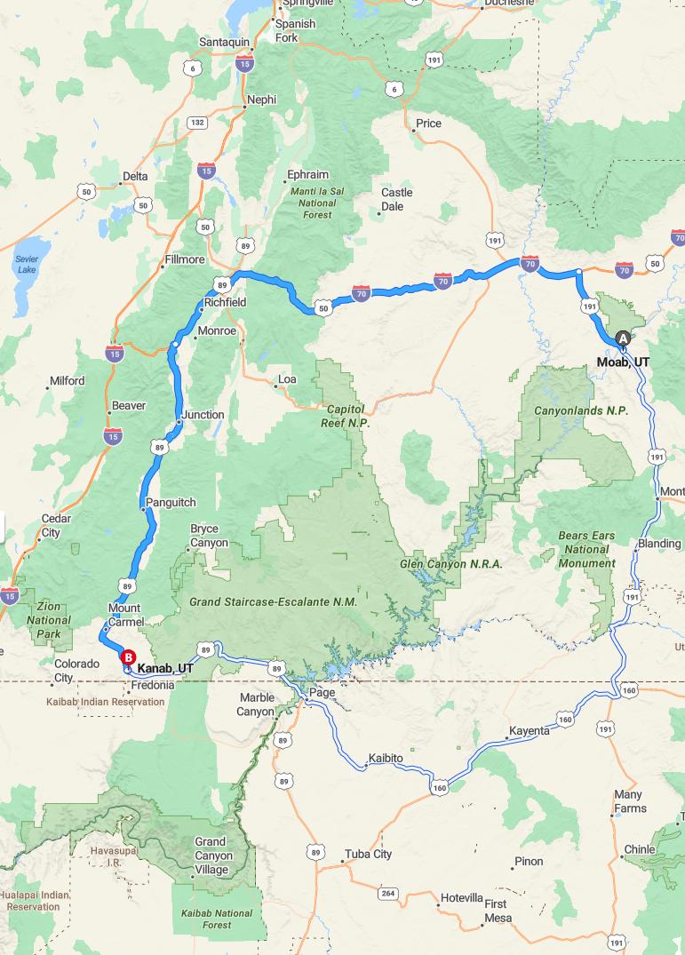 driving from Moab, Utah to KanabUtah - map and route