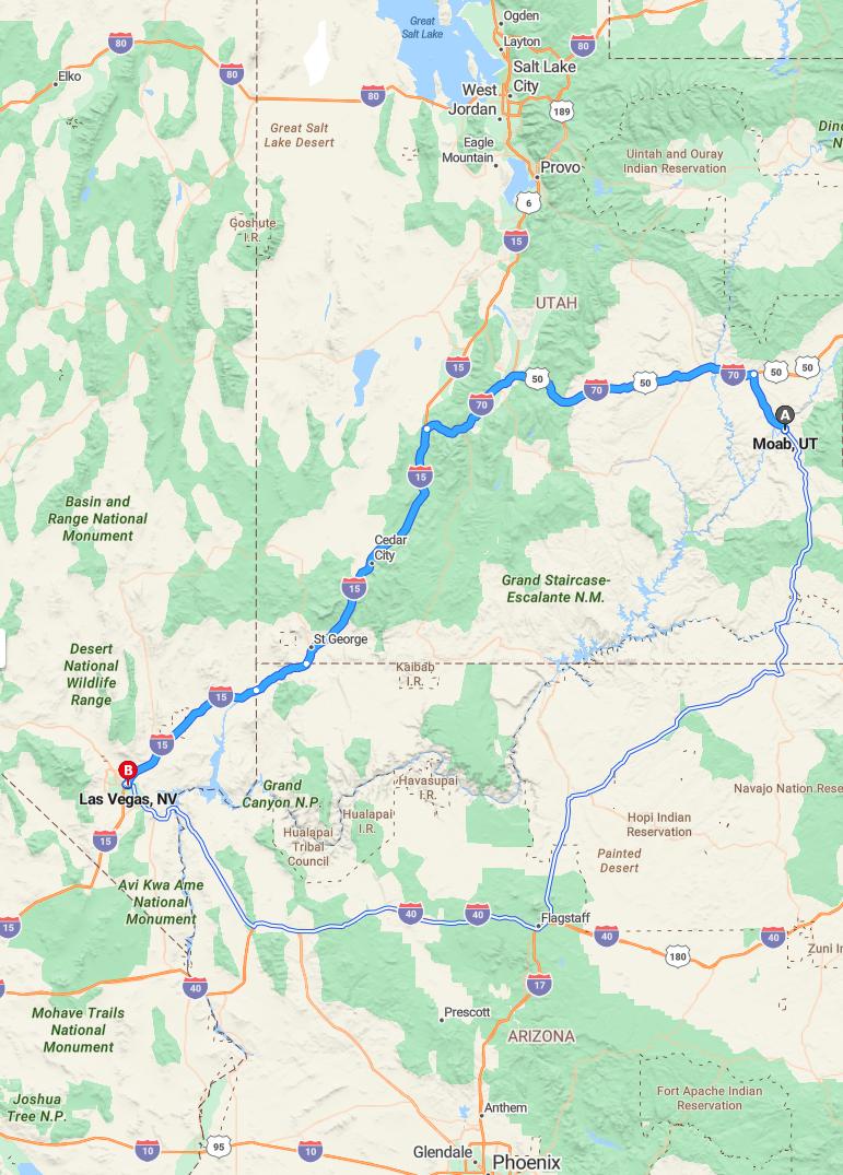 driving from Moab, Utah to Las VegasNevada - map and route