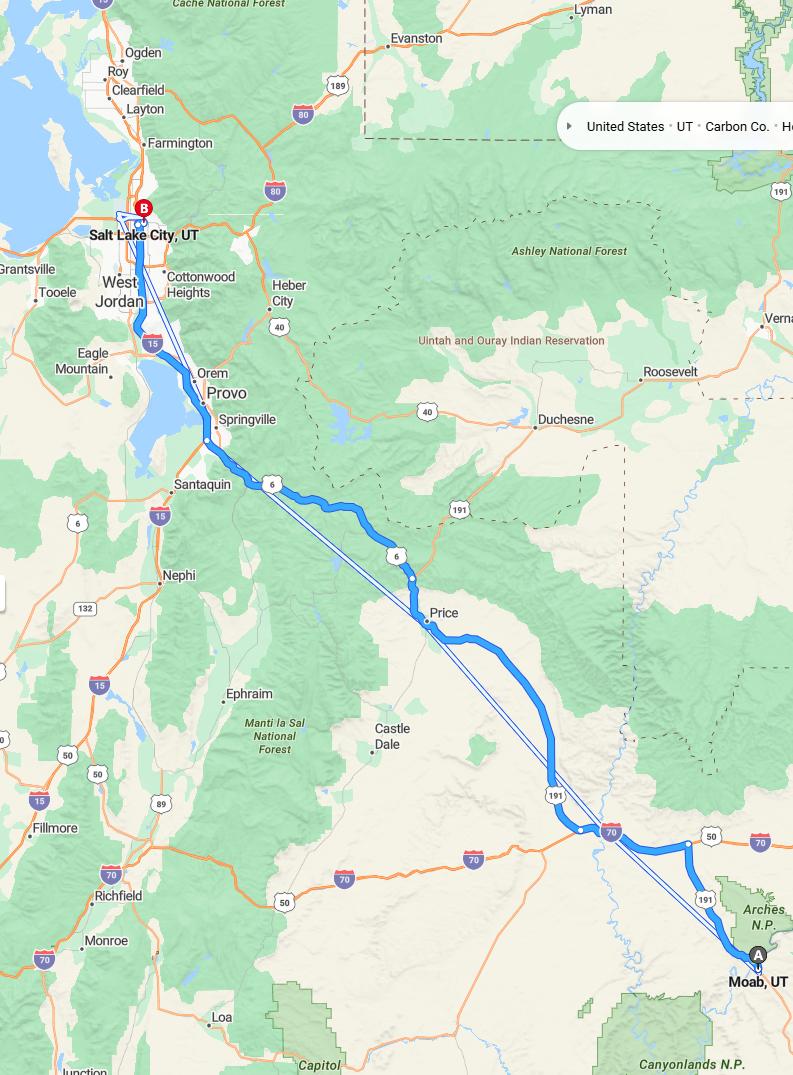 driving from Moab, Utah to Salt Lake CityUtah - map and route
