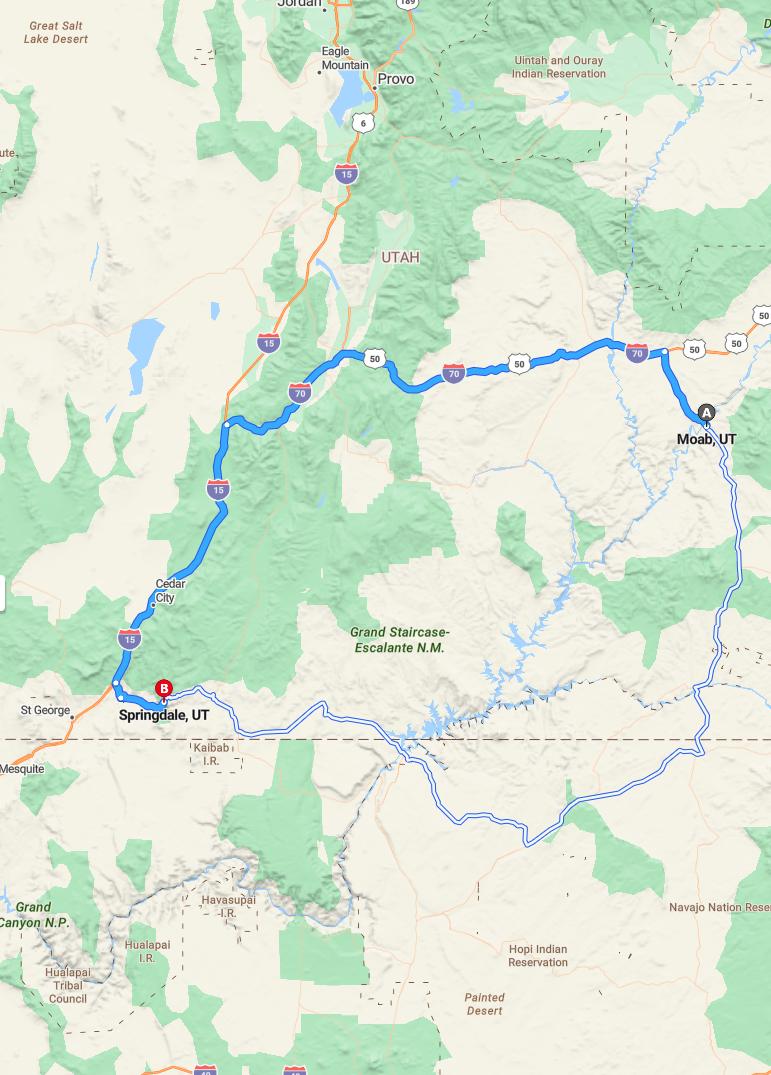 driving from Moab, Utah to SpringdaleUtah - map and route