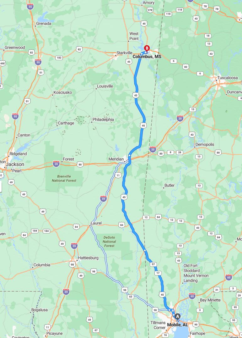 driving from Mobile, Alabama to ColumbusMississippi - map and route