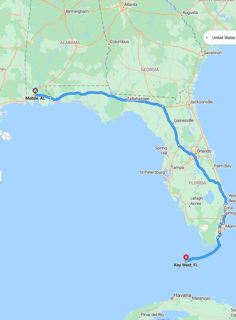 driving from Mobile, Alabama to Key WestFlorida - map and route