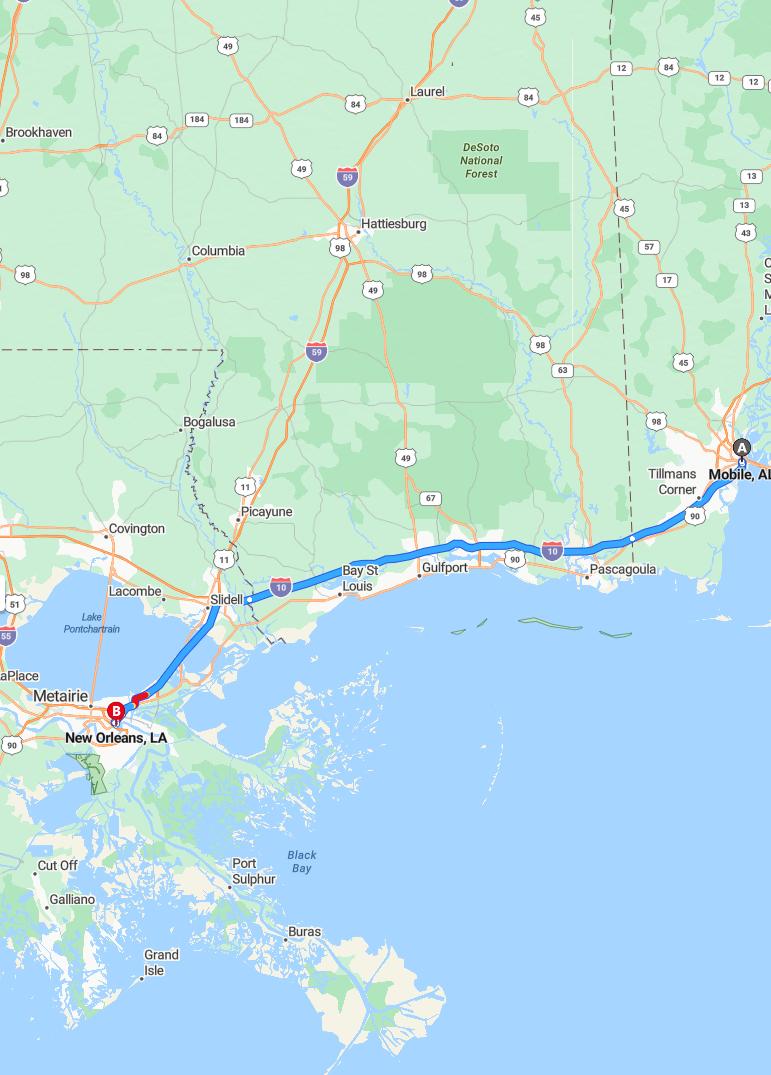 driving from Mobile, Alabama to New OrleansLouisiana - map and route