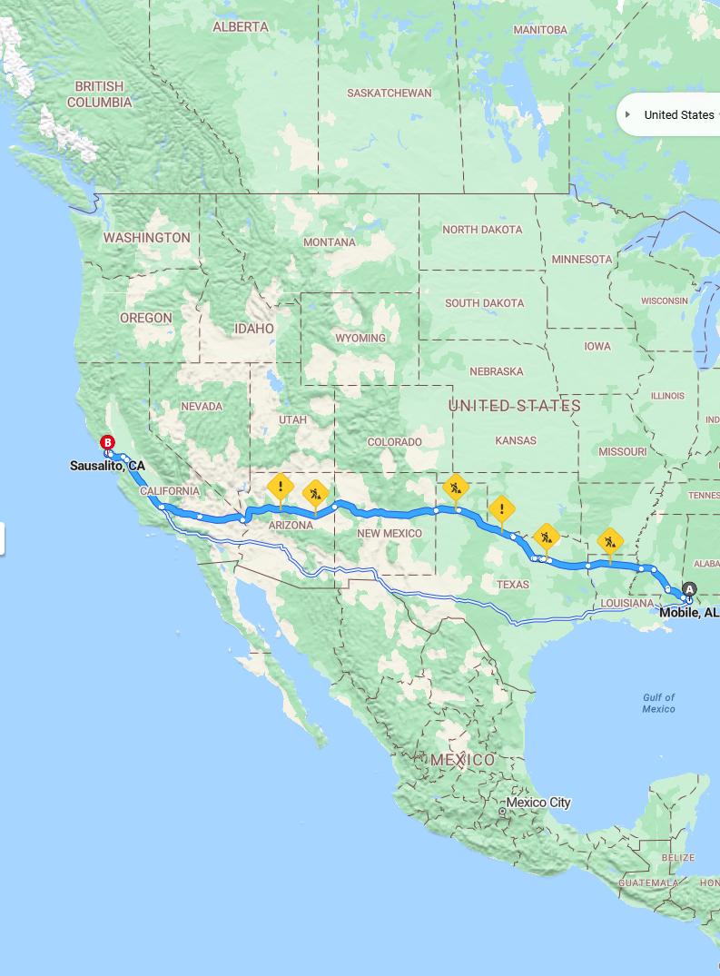 driving from Mobile, Alabama to SausalitoCalifornia - map and route