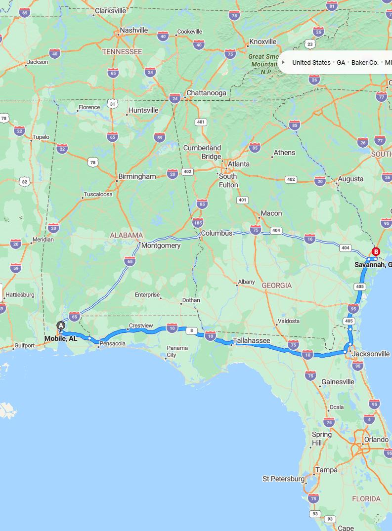 driving from Mobile, Alabama to SavannahGeorgia - map and route