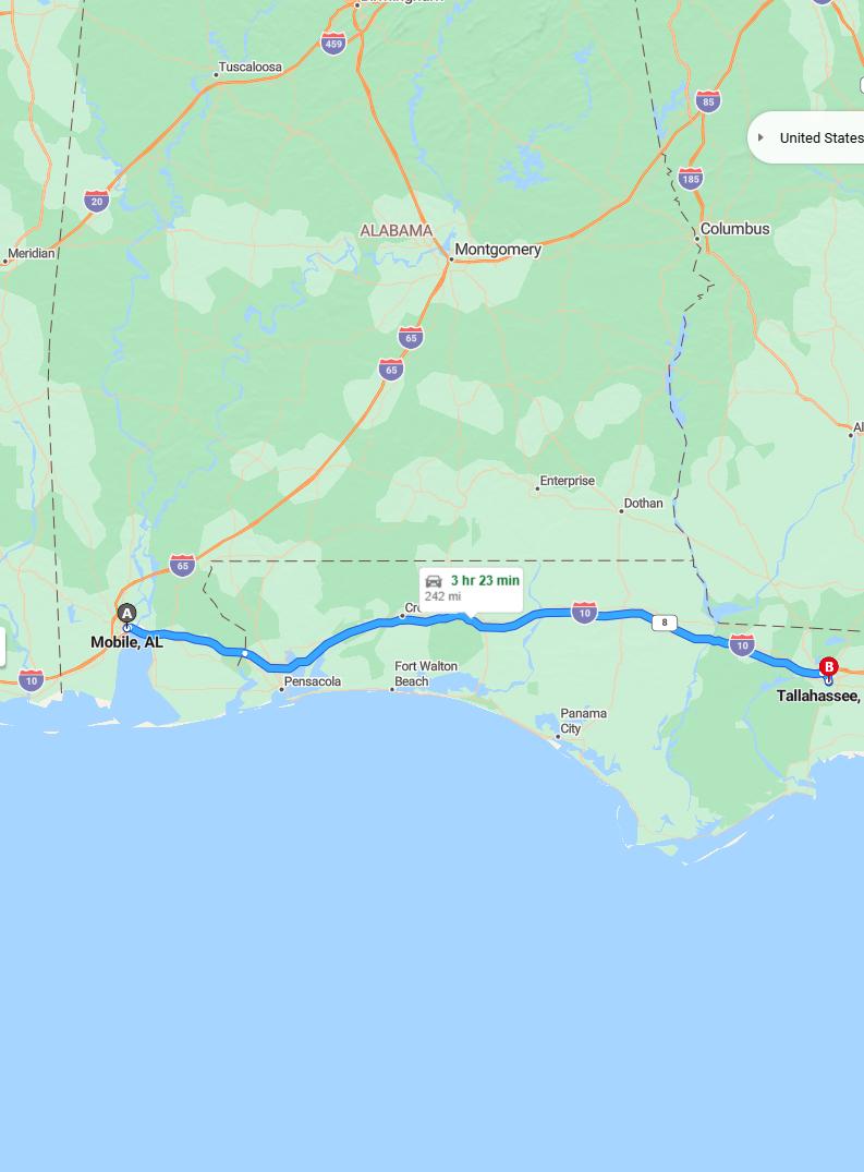 driving from Mobile, Alabama to TallahasseeFlorida - map and route