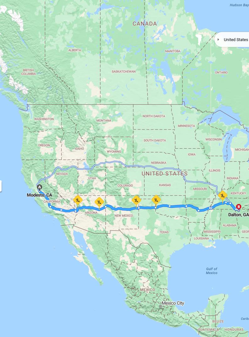 driving from Modesto, California to DaltonGeorgia - map and route