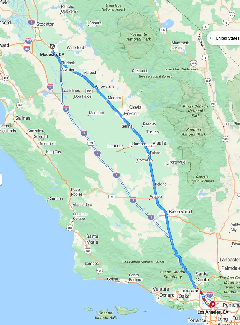 driving from Modesto, California to Los AngelesCalifornia - map and route
