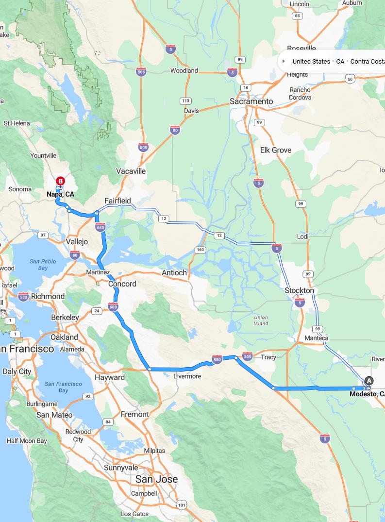 driving from Modesto, California to NapaCalifornia - map and route