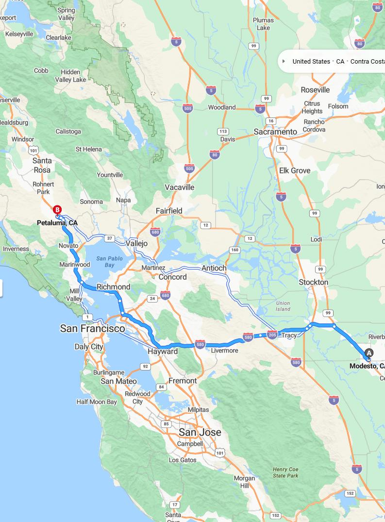 driving from Modesto, California to PetalumaCalifornia - map and route