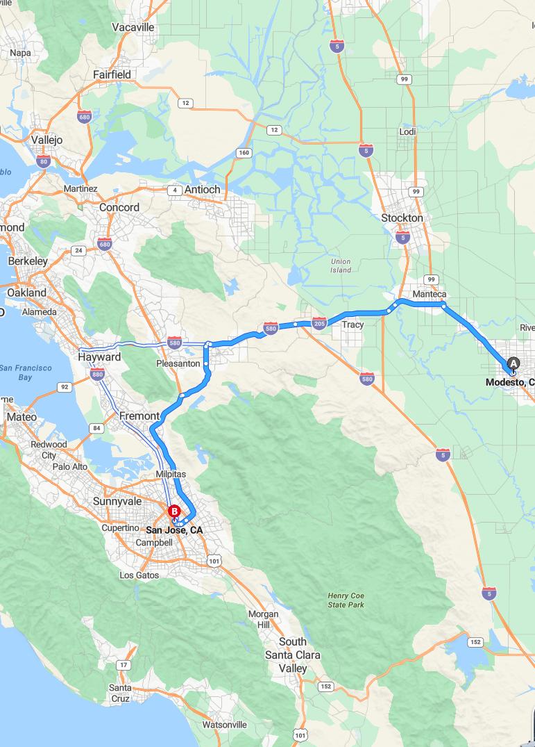 driving from Modesto, California to San JoseCalifornia - map and route