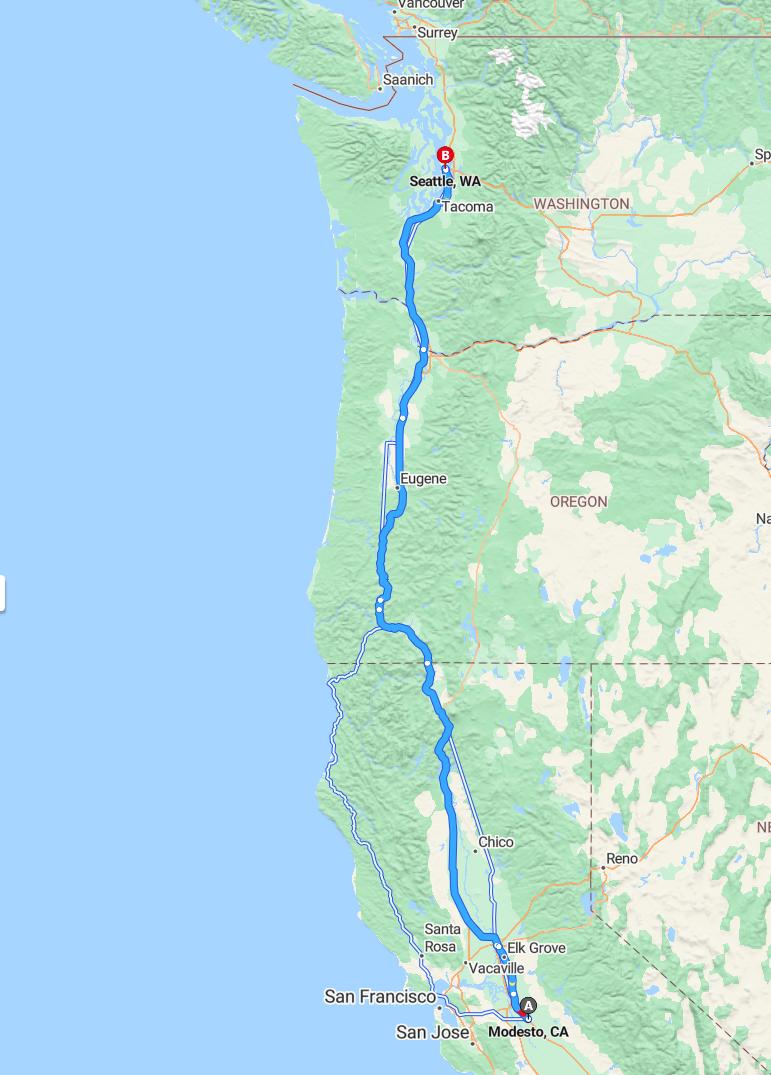 driving from Modesto, California to SeattleWashington - map and route