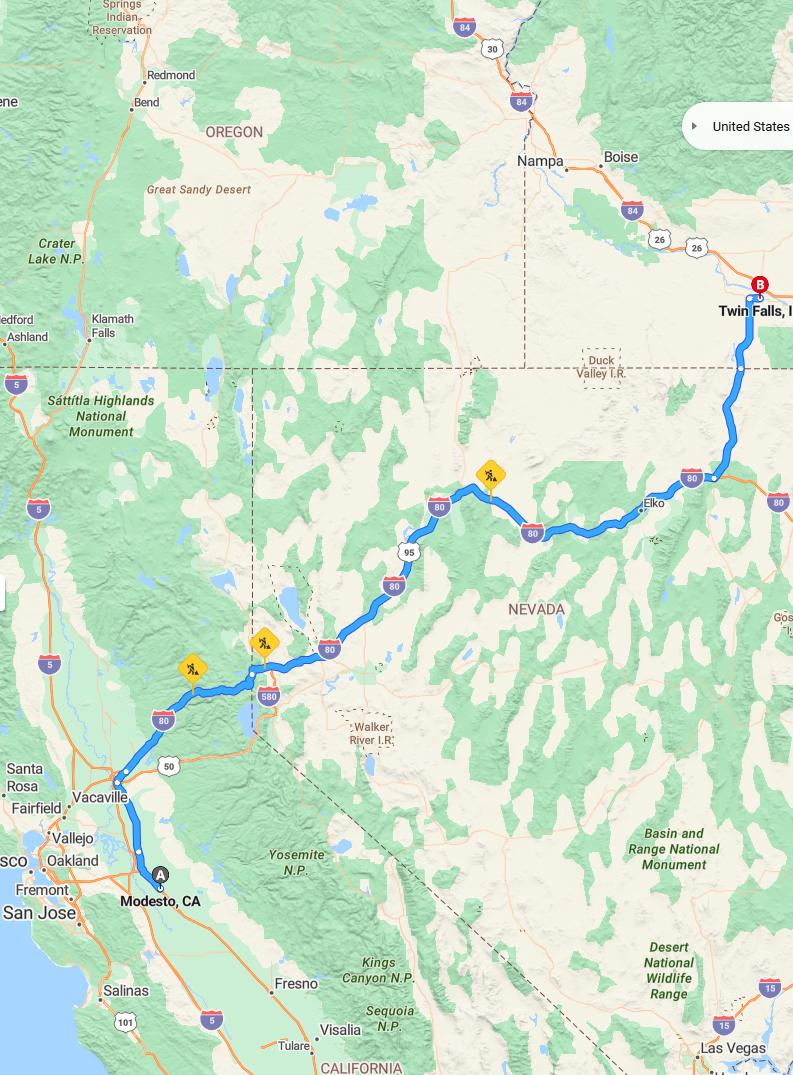 driving from Modesto, California to Twin FallsIdaho - map and route