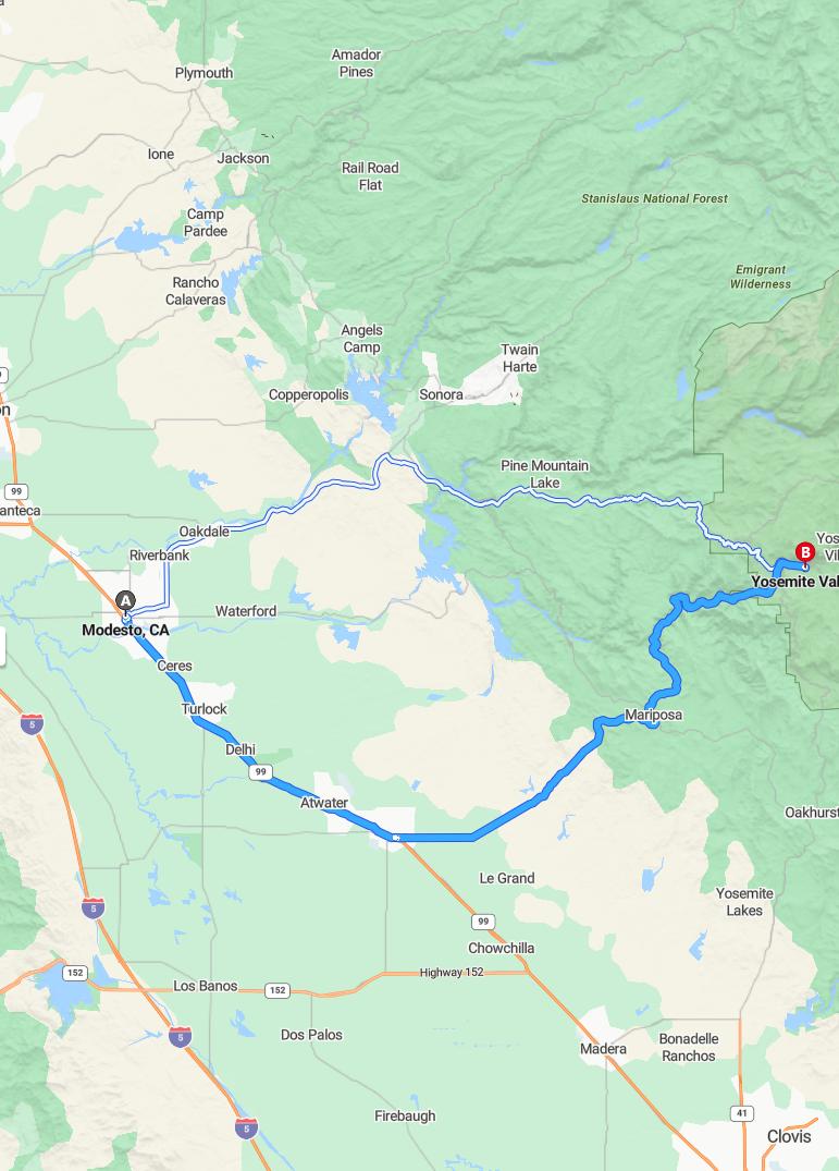 driving from Modesto, California to Yosemite ValleyCalifornia - map and route