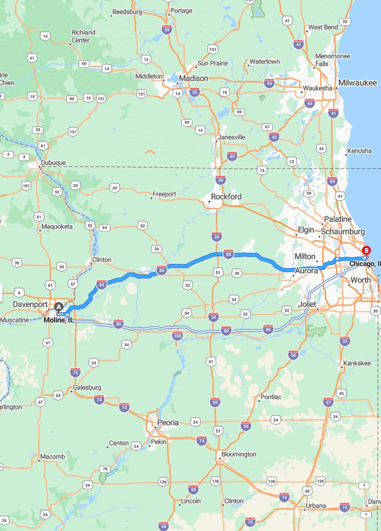 driving from Moline, Illinois to ChicagoIllinois - map and route