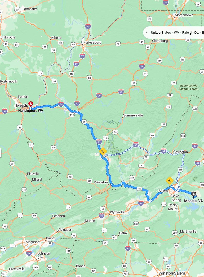 driving from Moneta, Virginia to HuntingtonWest Virginia - map and route